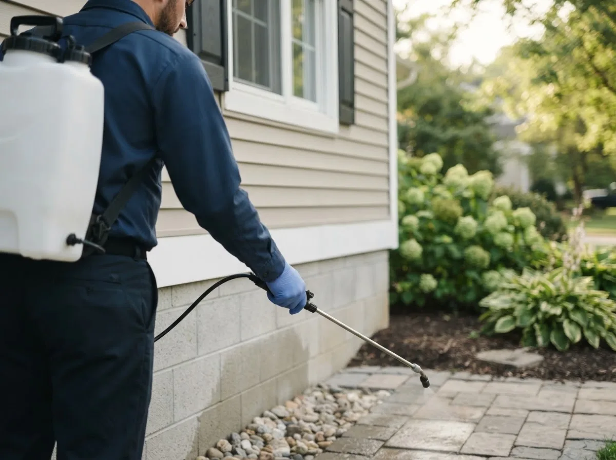 Pest control technician inspecting a home in Harris, NY